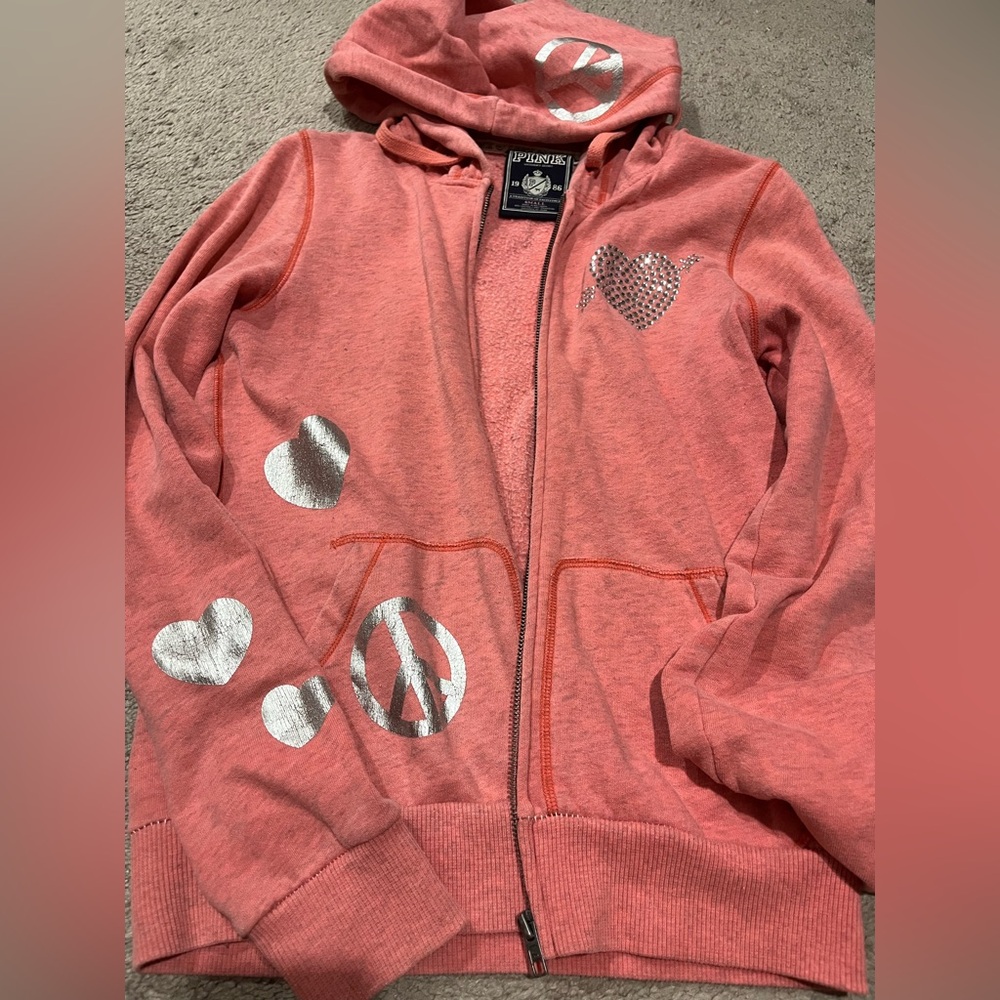PINK Victoria's Secret Coral Zip Hoodie with Silver Heart & Peace Prints